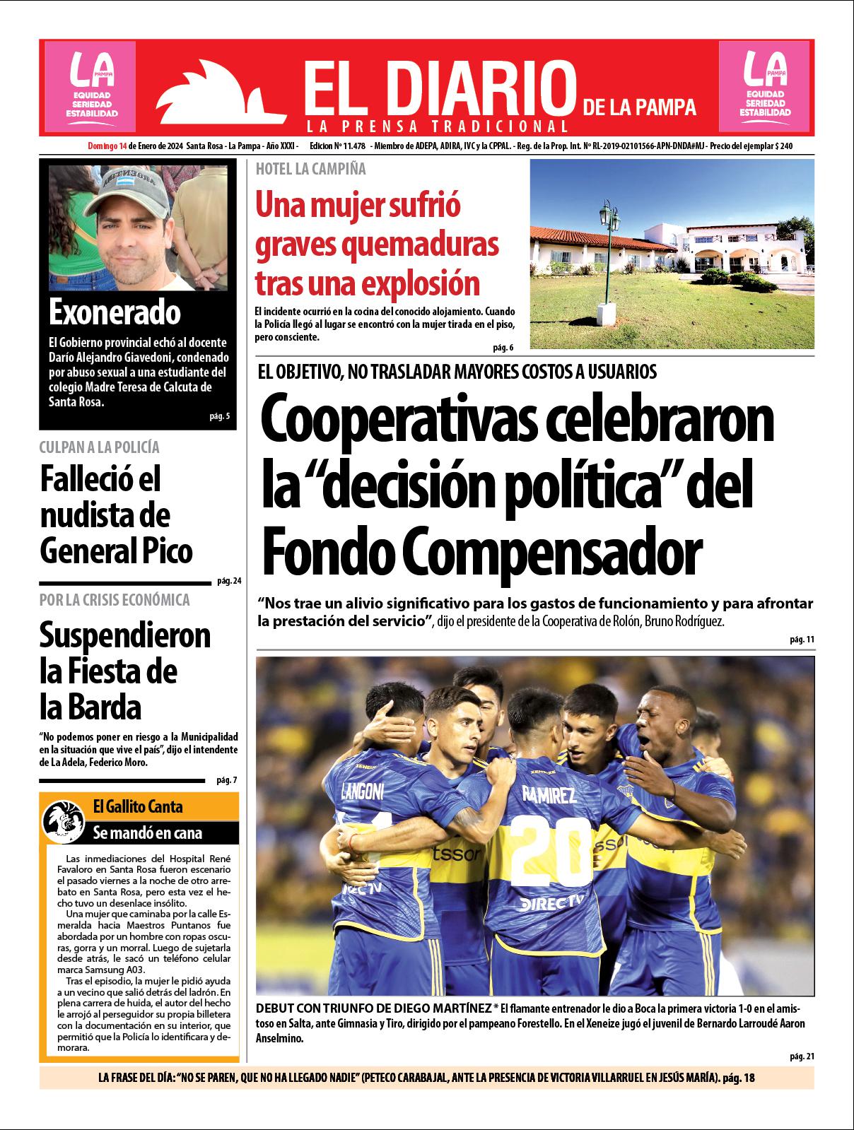 Tapa de El Diario en papel  domingo 14 de enero de 2024